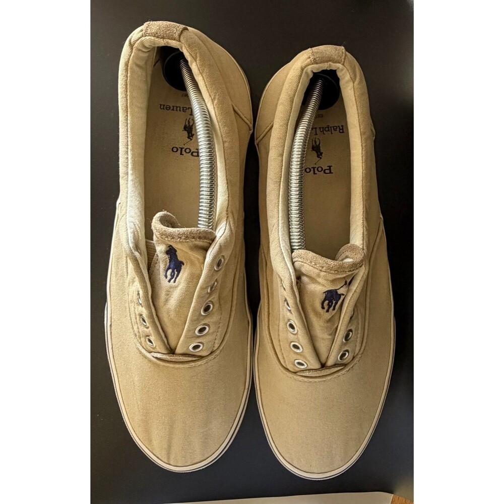 Polo Ralph Lauren Thorton V Men's Khaki Washed Canvas Slip-On Sneakers Sz 12D